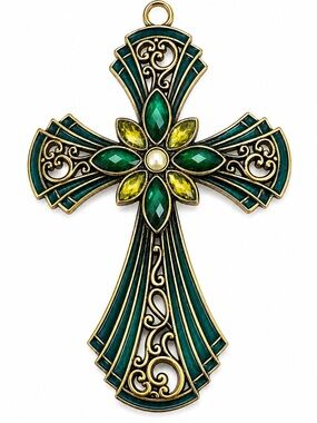 Decorative Jeweled Cross Ornament Green Gold Filigree 7” Religious Décor